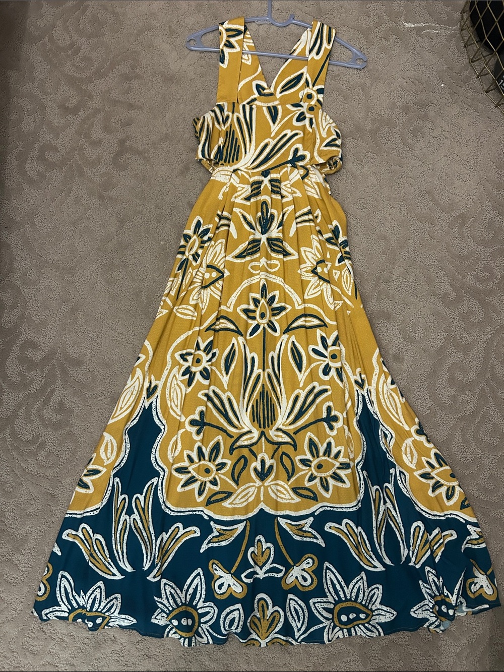 Anthropologie Mustard and Teal Floral Maxi Dress